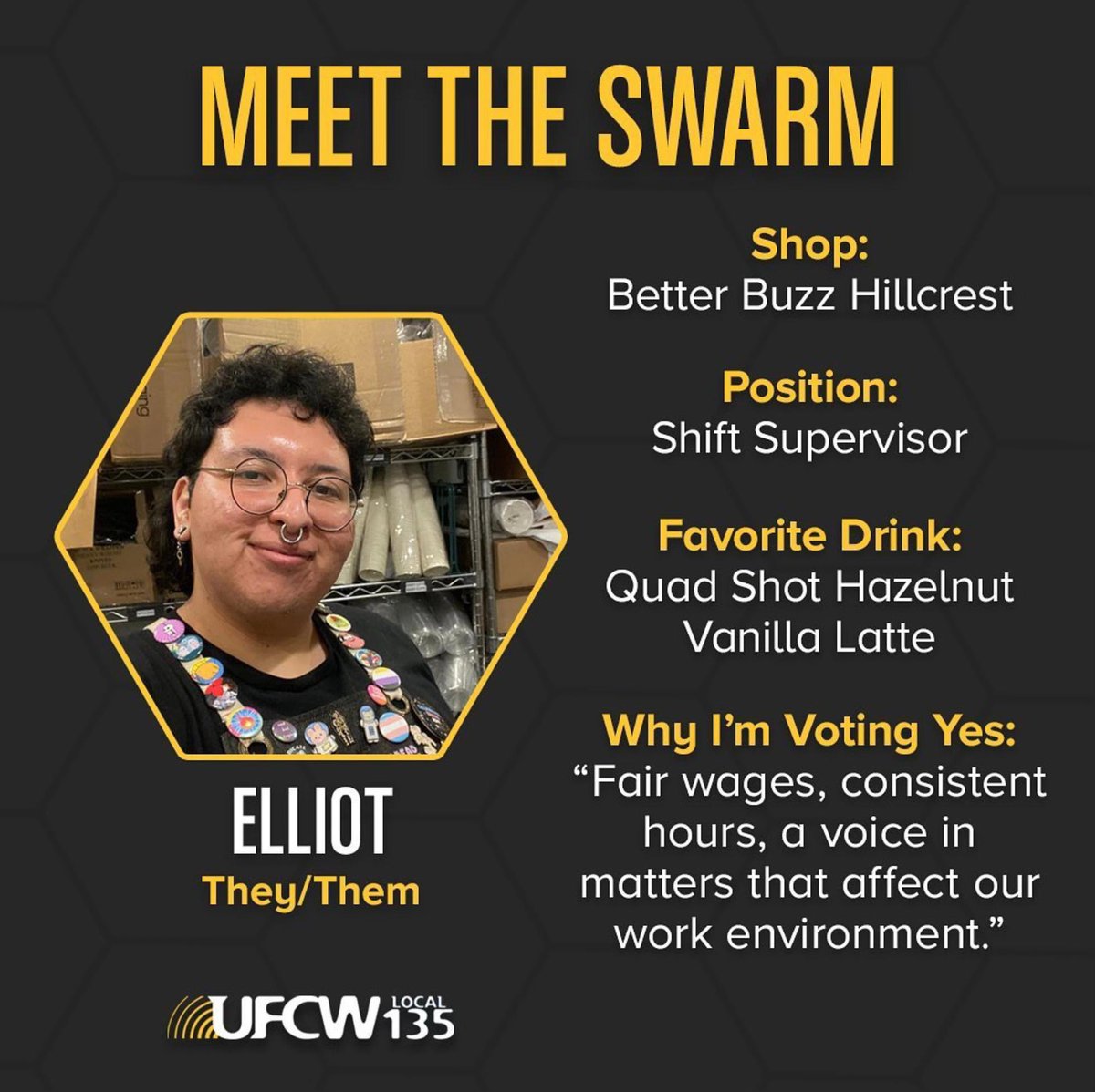 Meet the swarm at Better Buzz Coffee! Tomorrow is the union election, if you pop into the Hillcrest shop make sure to let the workers know you support them ✊🏽🐝 #LifeIsBetterUnionized #JoinTheSwarm #unionyes