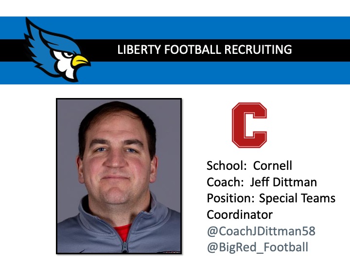 Thanks to Cornell Football @BigRed_Football Special Teams Coordinator @CoachJDittman58 for visiting Liberty High School today!