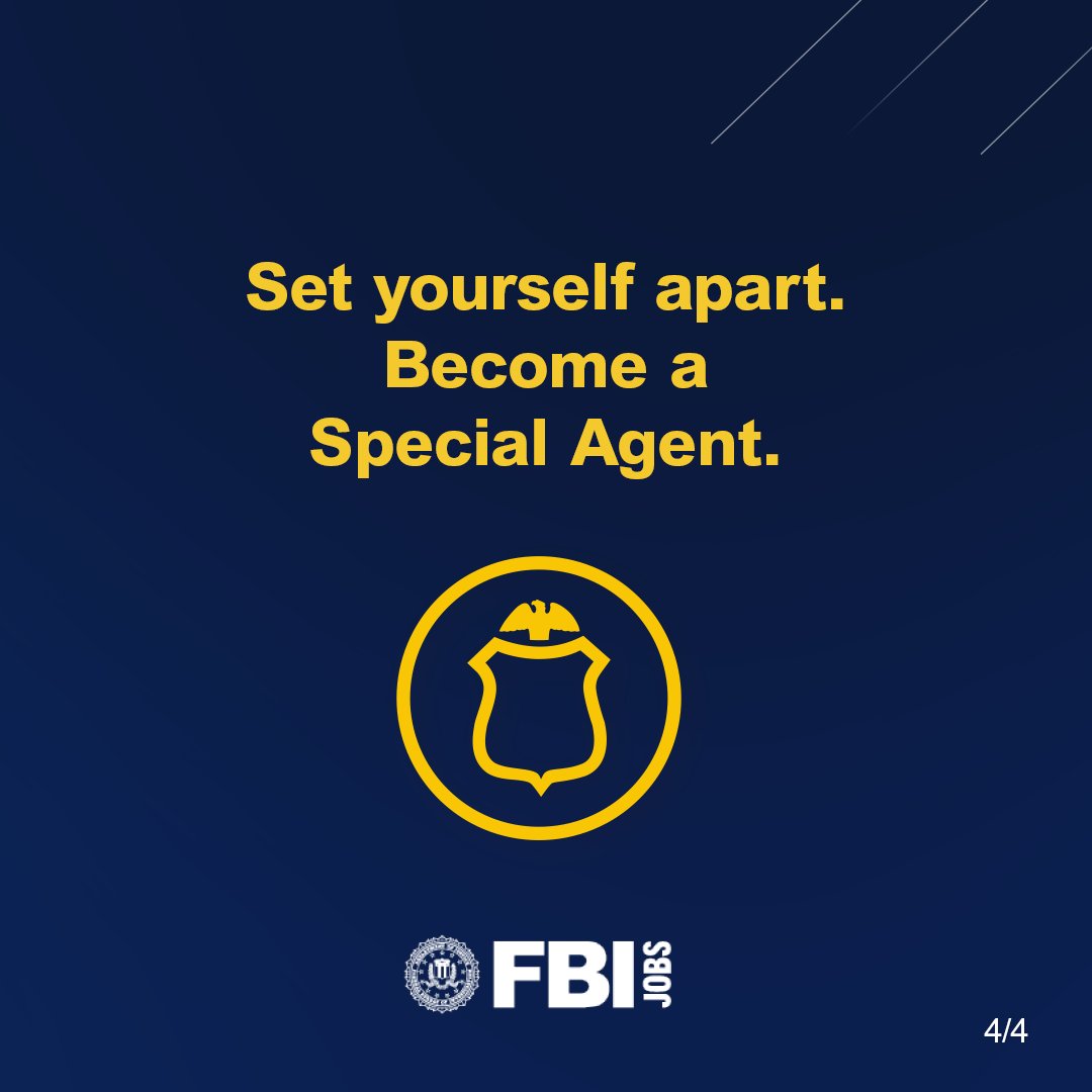 Becoming an #FBI #SpecialAgent gives you the chance to make a difference in the communities you love, while using the expertise you've cultivated throughout your career. Set yourself apart with a career as a special agent. Apply today. #FBIJobs #Hiring ow.ly/GwUa50RHBvq