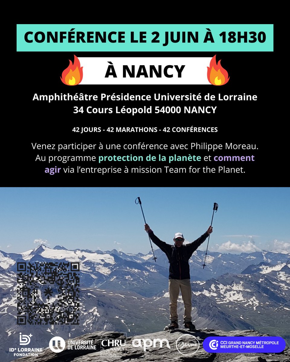 🏃‍♂️🌍 Rejoignez-nous à Nancy le 2 juin pour la conférence de Philippe Moreau, ultra-marathonien engagé dans 'Courir pour Team for the Planet' ! Découvrez comment agir pour la planète et soutenez Team for the Planet. Inscrivez-vous dès maintenant👉factuel.univ-lorraine.fr/node/26651