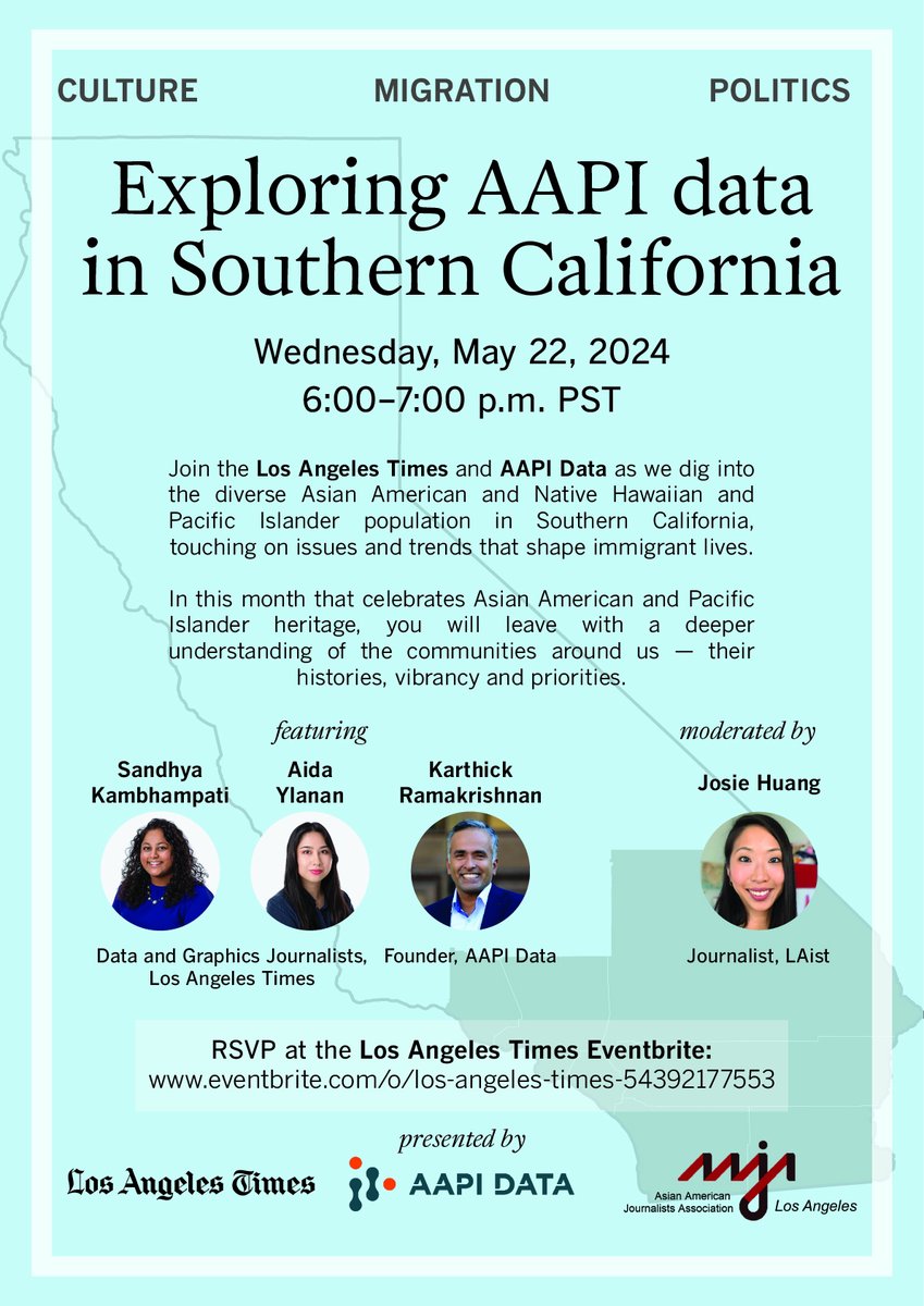 ✨Culture. Migration. Politics.✨ Join @latimes, @aapidata, & @aaja on May 22 at 6 PM PST as we dive into AAPI Data in SoCal, exploring the issues and trends shaping immigrant lives. 🔗RSVP: eventbrite.com/o/los-angeles-… #AAPIHM
