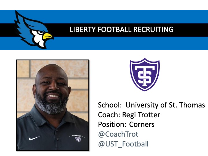 Thanks to The University of St. Thomas Football @UST_Football Corners Coach Regi Trotter @CoachTrot for visiting Liberty High School today!