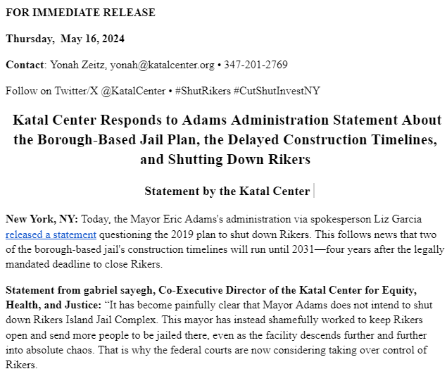 🚨RELEASE: Katal responds to the Adams administration's statement today questioning the 2019 plan to shut down Rikers. It has become painfully clear that @NYCMayor does not intend to shut down Rikers. #ShutRikers See the full statement here: katalcenter.org/katal-center-r…