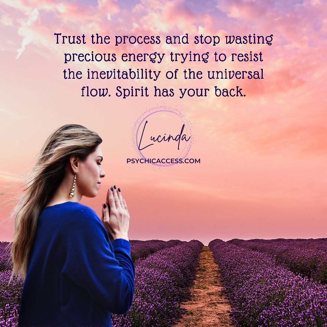 Trust the process and stop wasting precious energy trying to resist the inevitability of the universal flow. Spirit has your back. ~ Lucinda, PsychicAccess.com

#psychicaccess #trusttheprocess #universalflow #spiritualjourney #innerpeace #letitflow #embracechange