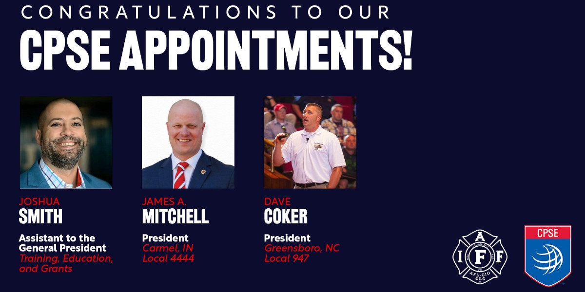 👏The #IAFF is excited to announce three of our members will play important roles with @CtrPubSafExc. @iafflocal4444 President James Mitchell, @pffg947 President @davecoker_pffg, and Assistant to the General President @josh_iaff. 🗞️ more: brnw.ch/21wJRfO