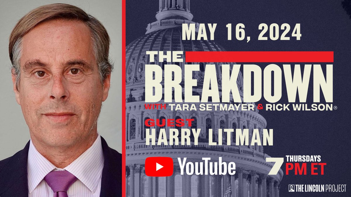 IN ONE HOUR: Former US Attorney @HarryLitman joins @TaraSetmayer and @TheRickWilson for another live episode of #TheBreakdown. Tune in 7PM ET as they cover all things Trump trial and the 2024 Presidential Debate. Don’t miss it: youtube.com/watch?v=DXPYtG…