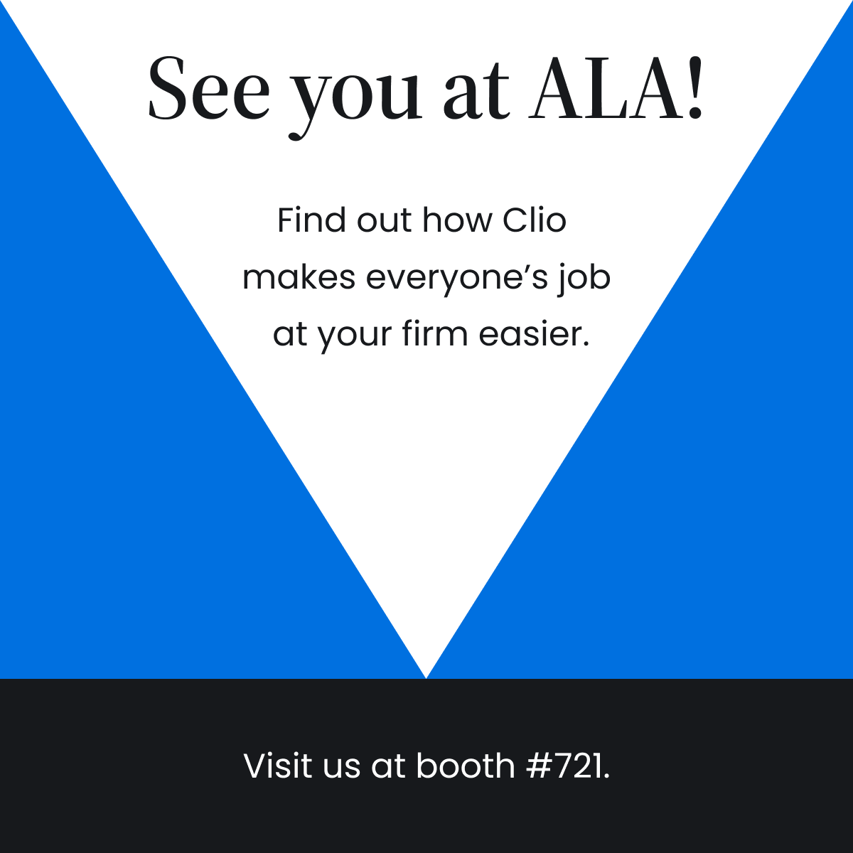 Next week’s destination: Aurora, Colorado for #ALAConf24. 📍 Attending ALA’s 2024 Annual Conference & Expo? Stop by booth 721 and learn why Clio is your law firm’s secret weapon to success… and for the swag.