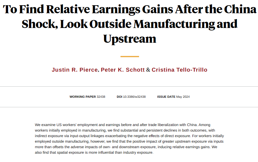 Nonmanufacturing US workers exhibit relative earnings gains from the China shock as upstream exposure more than offset the adverse impact of own and downstream exposure, from Justin R. Pierce, Peter K. Schott, and @tellotri nber.org/papers/w32438