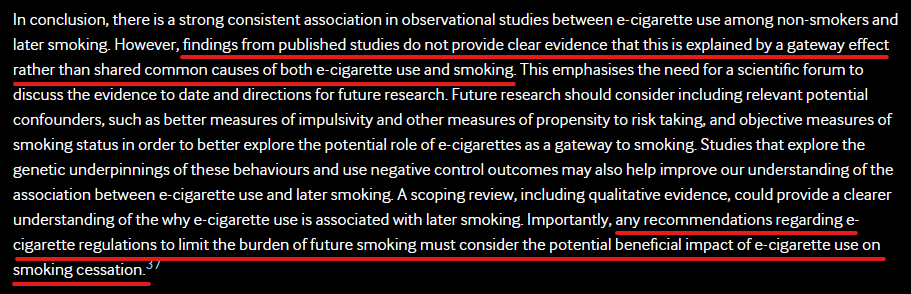 Always. Read. The. Study. There's a million Tahir Turks who will lie to your face about what a paper says. Turk implies that teen vaping is a gateway to adult smoking based on the results. Here's what authors themselves say:
tobaccocontrol.bmj.com/content/30/1/8…