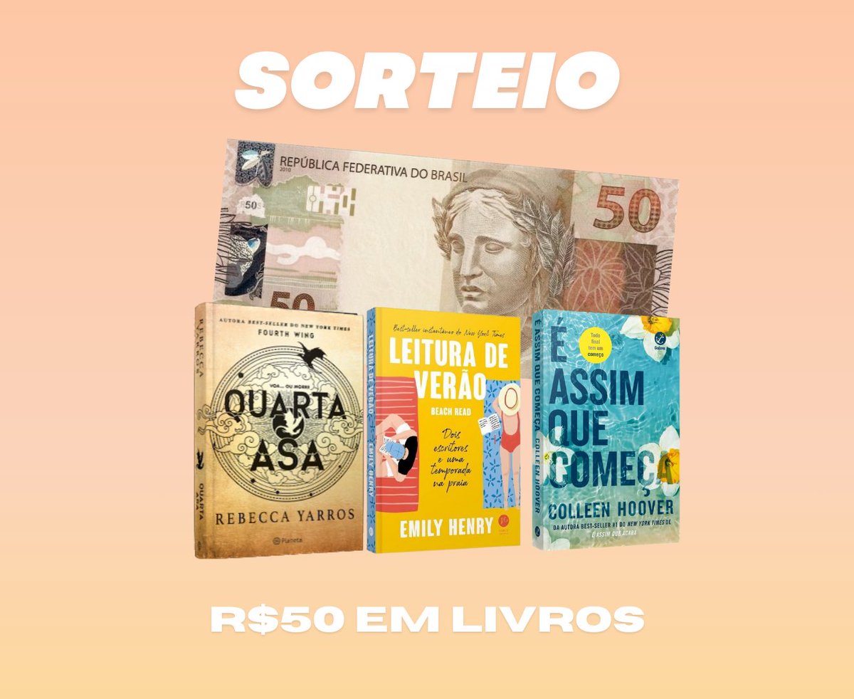 ⚡ Sorteio Relâmpago

📚 Prêmio: 50 Reais em Livros!

➡ Siga nossa página
➡ Curta e Reposte (Rt) esse Tweet
➡ Curta e Reposte (Rt) nosso Tweet Fixado

⚠ Todas as regras serão verificadas no dia do sorteio. Resultado: 21/05.