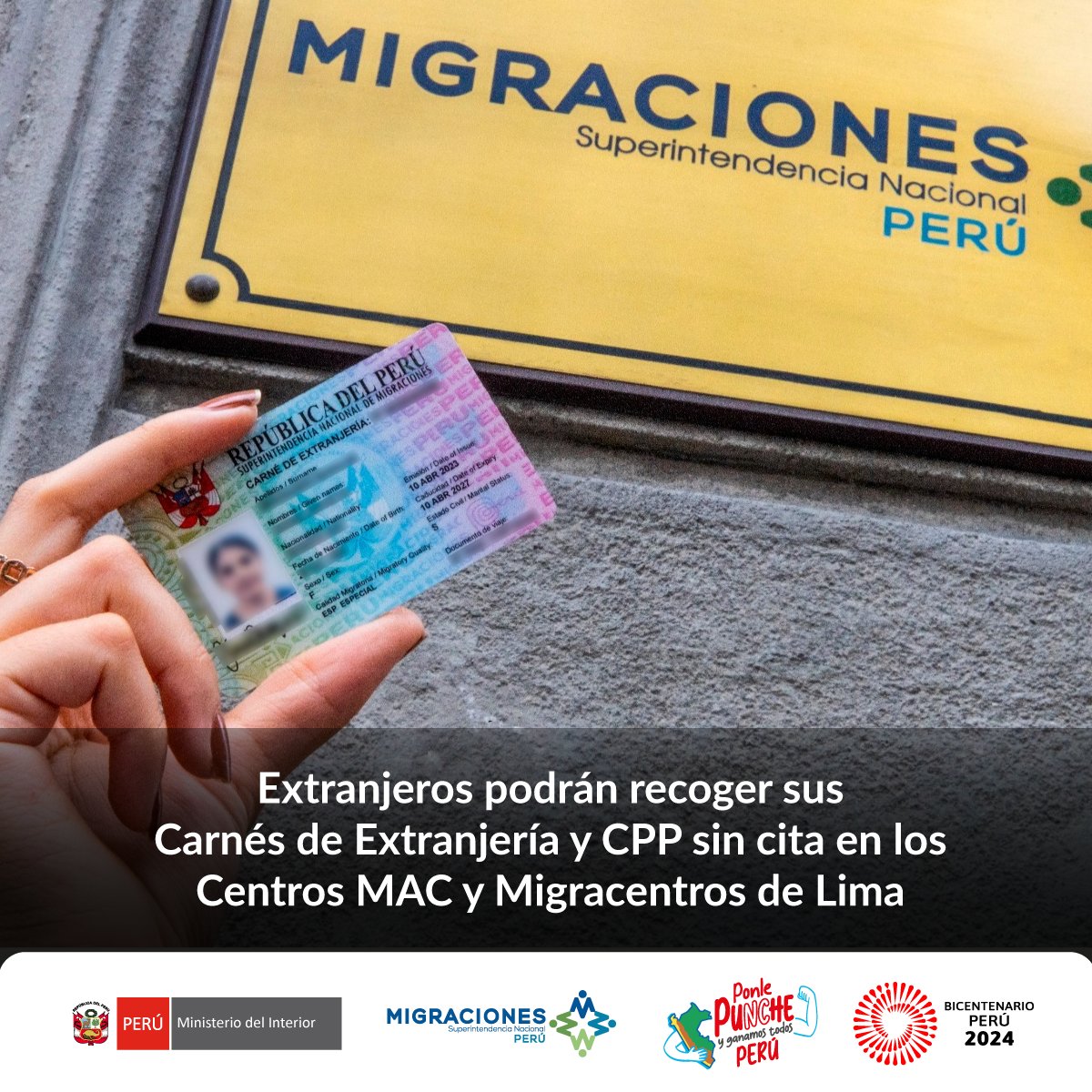 Para agilizar el recojo de Carnés de Extranjería y CPP, extranjeros serán atendidos sin cita en los @CentrosMAC y @Migracentro de Lima. Los esperamos de lunes a viernes de 8:30 a. m. a 5:00 p. m. y sábados de 8:30 a. m. a 1:00 p. m.

#NotaDePrensa ➡ gob.pe/es/n/955549