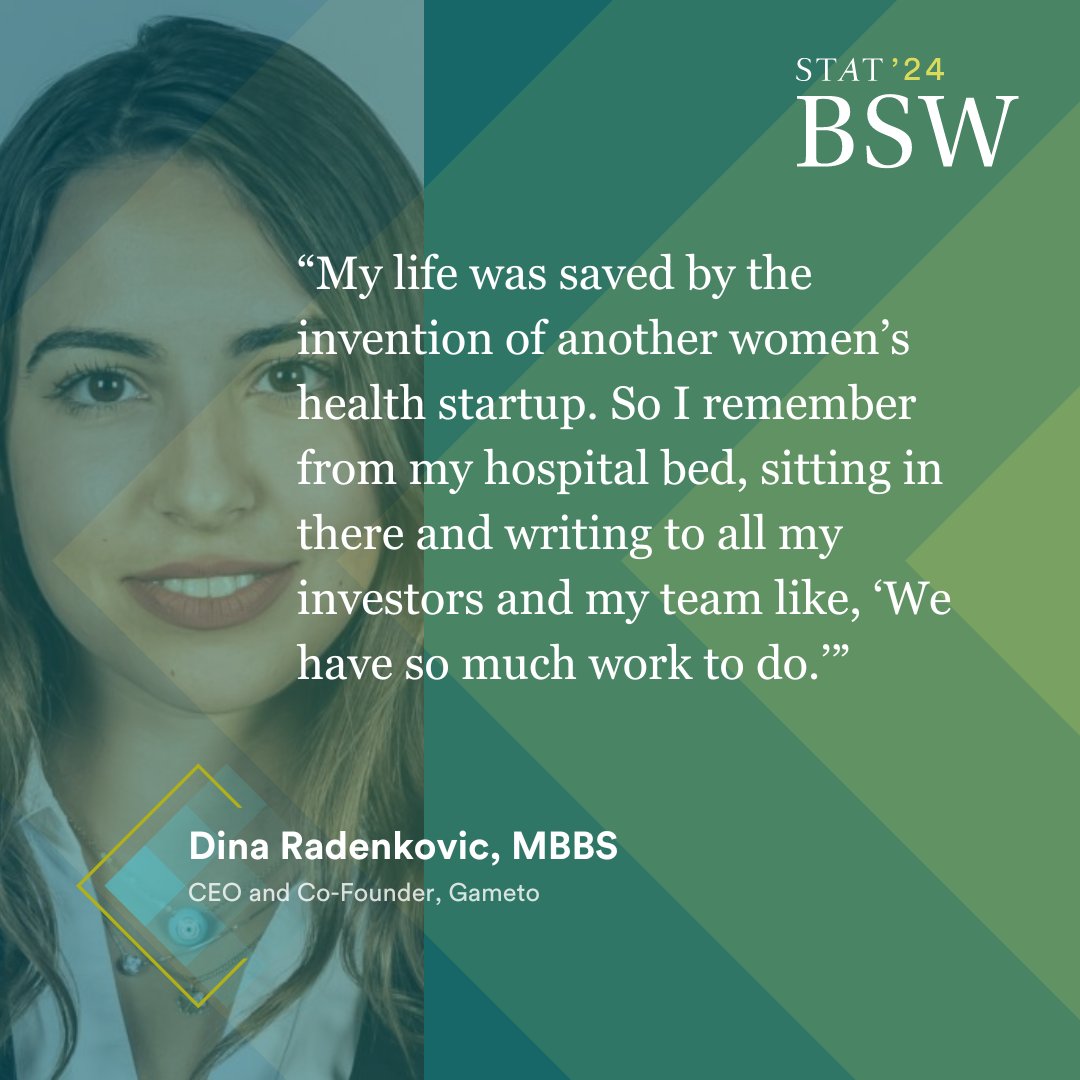 STAT's @ADeAngelis_bio talked to three startup founders at #STATBreakthrough about what it's like to be a biotech startup in 2024. @DinaRadenkovic on what it's like to be in women's health, which is under-invested and under-developed compared to others:
