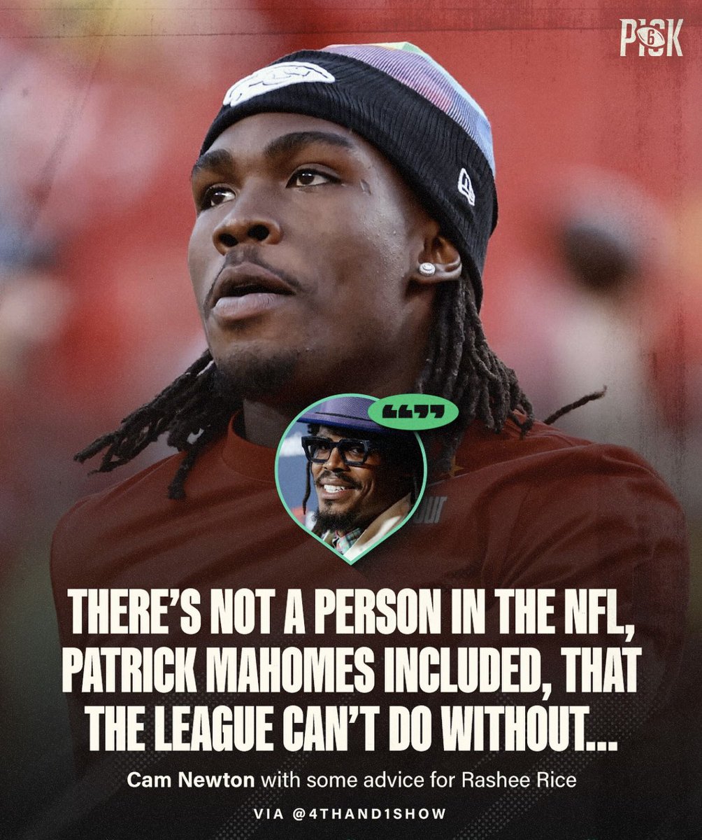 𝗧𝗥𝗘𝗡𝗗𝗜𝗡𝗚: Cam Newton giving advice to troubled #Chiefs WR Rashee Rice via @4thand1show “There’s not a person in the #NFL, Patrick Mahomes included, that the league can’t do without.” (📷: @thepick6com)