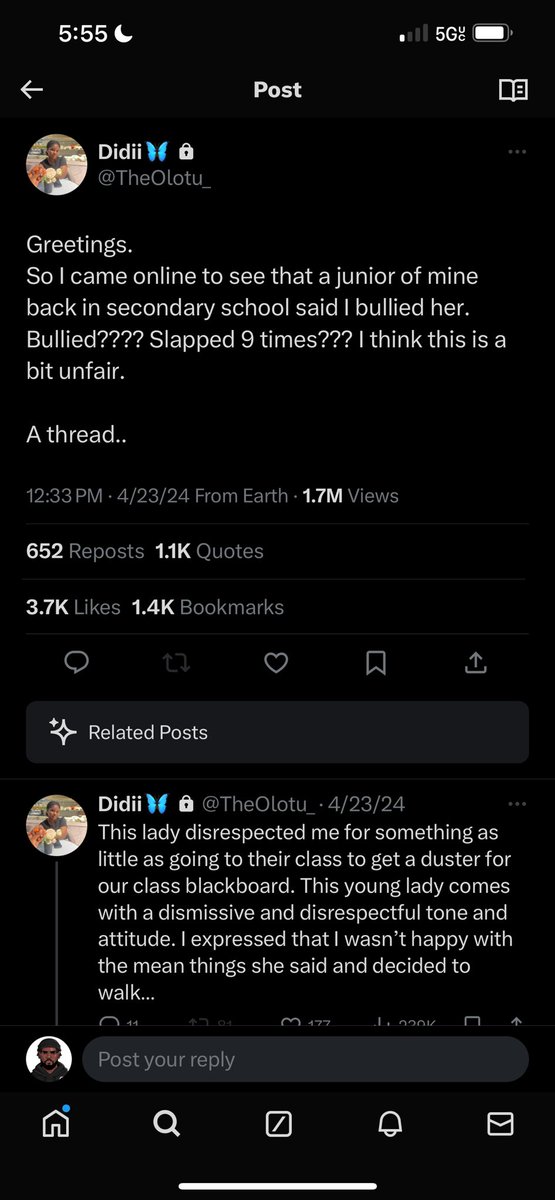 Omolomo_o's tweet photo. So guys, How many people remembered the young girl who came online to speak about how Nurse Olutu Adeola bullied her in secondary school ? 

Her name is Temi with the username @/softlifetemi (before she was forced to deactivate Twitter)

Apparently & ALLEGEDLY, this Olutu girl used her family influence to go arrest the girl (Temi) that she bullied in secondary school. They’ve locked the girl up, threatened the girl family and even put the girl in the male section of police custody.

You’ll think this is the end but ALLEGEDLY , they hasten up court proceedings and they’re planning to prosecute her in court tomorrow just because her families have connections and money.

If you check this thread in the picture below, this Olutu girl admitted she was being defensive back then in secondary school but now she’s angry she called her out because she wants to stand her ground on being a bully.

What happened to reporting her junior to a teacher back then in school ?? But she took power into her hands claiming being defensive.

All this is currently happening in Ondo state.

OLOTU ADEOLA ADERINSOLA IS A BULLY !!!!

@Princemoye1 @OndoPoliceNg @LuckyAiyedatiwa this is injustice to the people are you all gonna watch this happen because a bully has influence ???

Please why is a fellow citizen bullying and using influence to oppress another fellow citizen ???