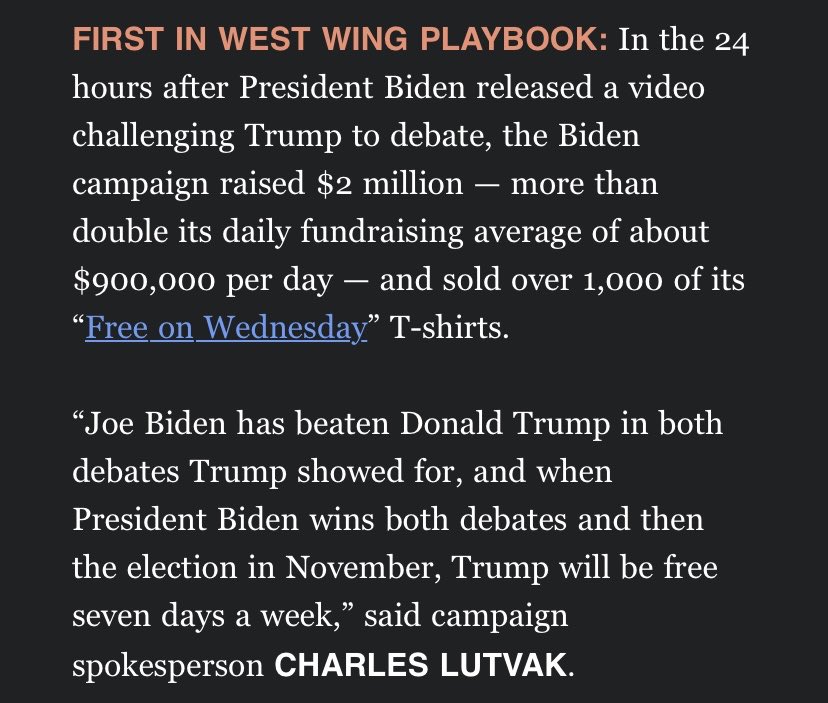 The Biden campaign raised $2 million in the 24 hours after it challenged Trump to a debate, more than double its daily fundraising average