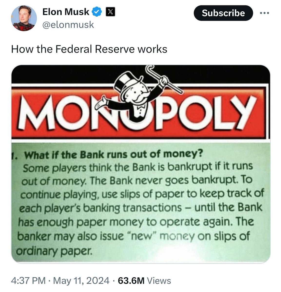 Just five days ago, Elon Musk tweeted this meme about how the Federal Reserve never runs out of money because it can just keep printing more.

Today, Representative Thomas Massie introduced a bill to permanently end the Federal Reserve System.

Who still believes in coincidences?