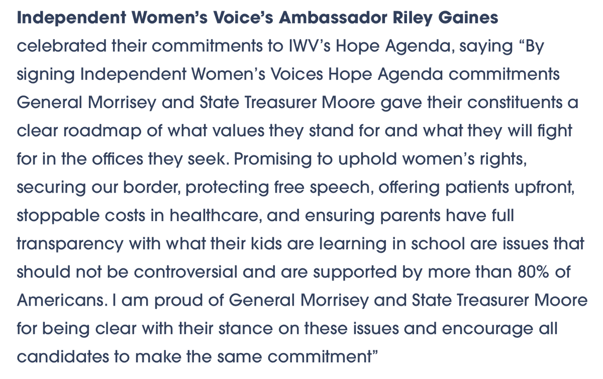 IWV celebrates WV #HopeAgenda champions AG @MorriseyWV & State Treasurer @RileyMooreWV! 👏👏👏 As supporters of the Hope Agenda, Morrisey & Moore promise to advance salient policy solutions that genuinely benefit women & all Americans. Read more: iwv.org/2024/05/indepe…