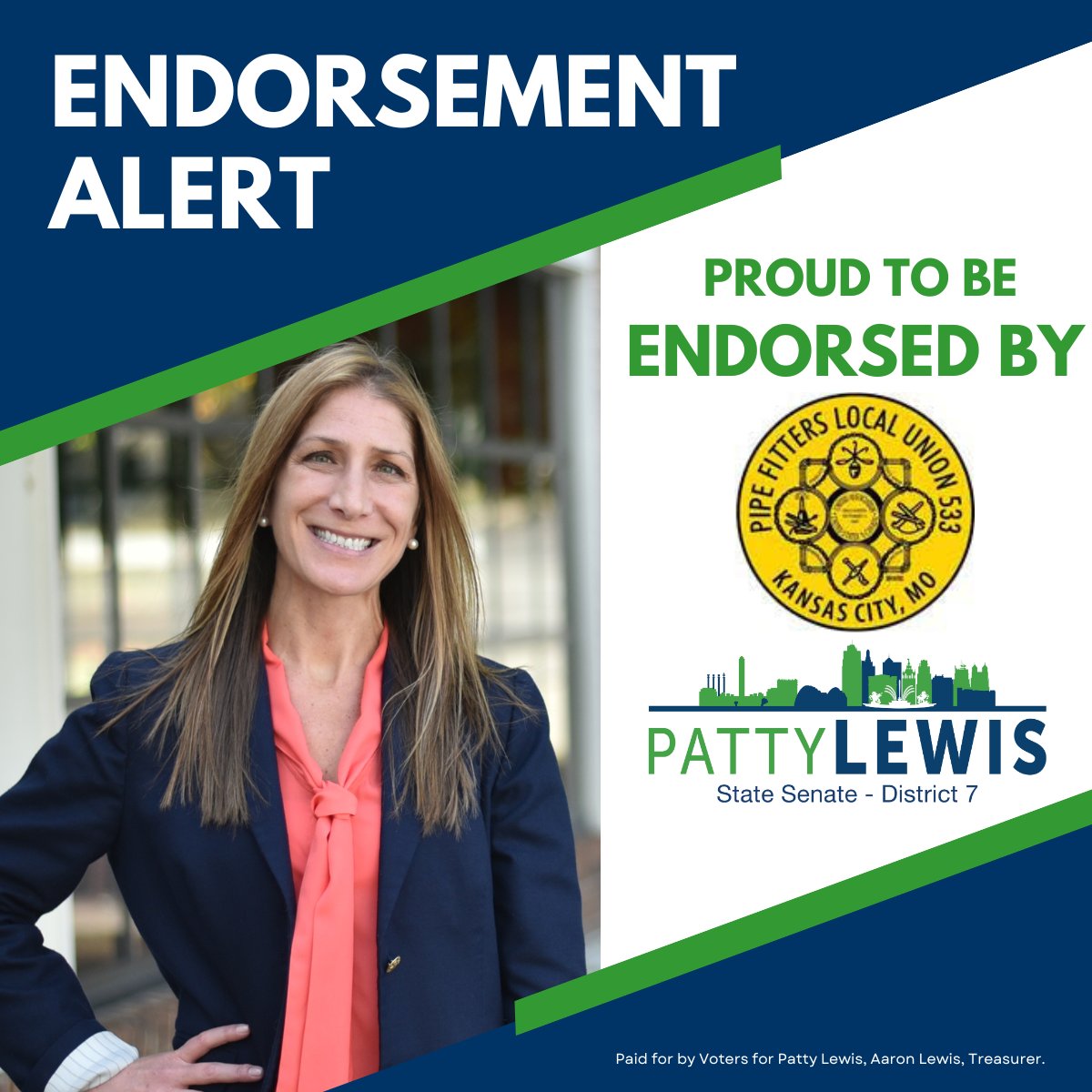 🚨🚨Endorsement Alert! I am pleased to share that the campaign has been endorsed by Pipe Fitters Local 533. We are incredibly lucky to have a state-of-the-art Apprenticeship & Journeyman Training Program right here in KC. I am proud to earn their support! #MOLeg #MOSen #Patty4MO