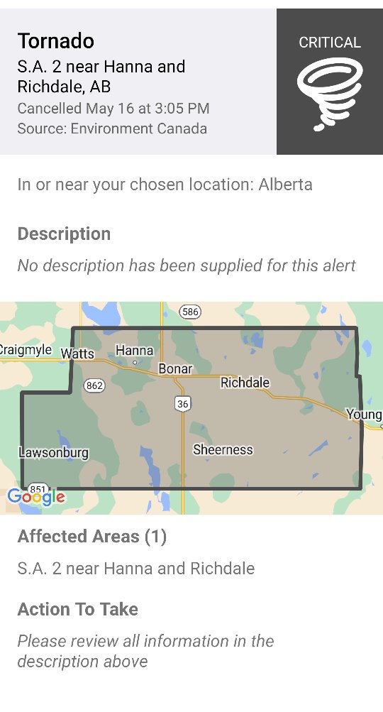 Shared: Cancelled Tornado Alert - S.A. 2 near Hanna and Richdale, AB alberta.ca/emergencyalert