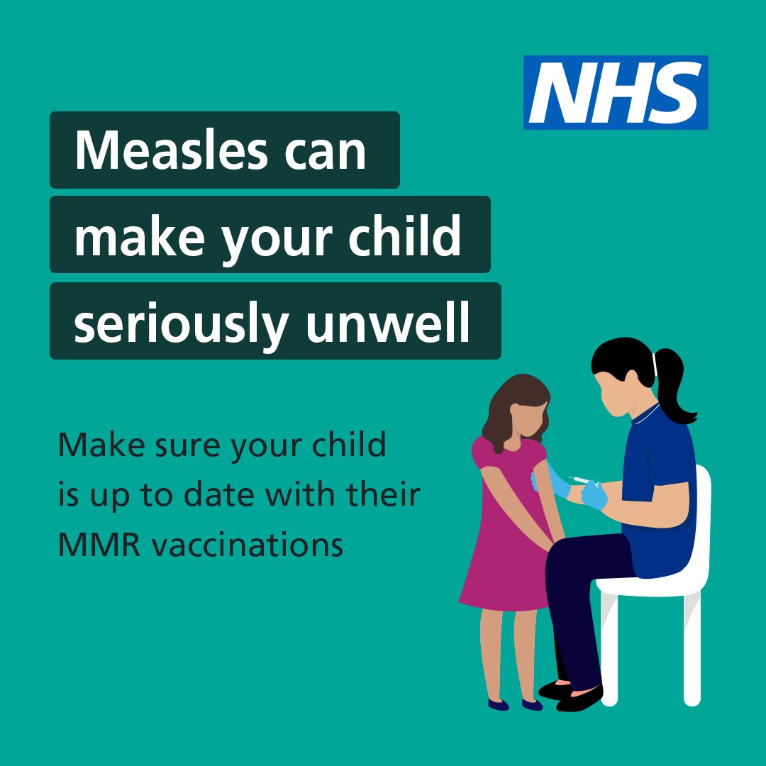 Measles cases are rising in England. 

You can still ask your GP Practice for the MMR (Measles, Mumps and Rubella) vaccine if your child has missed either of their 2 doses. 

For more info visit ➡️ nhs.uk/MMR