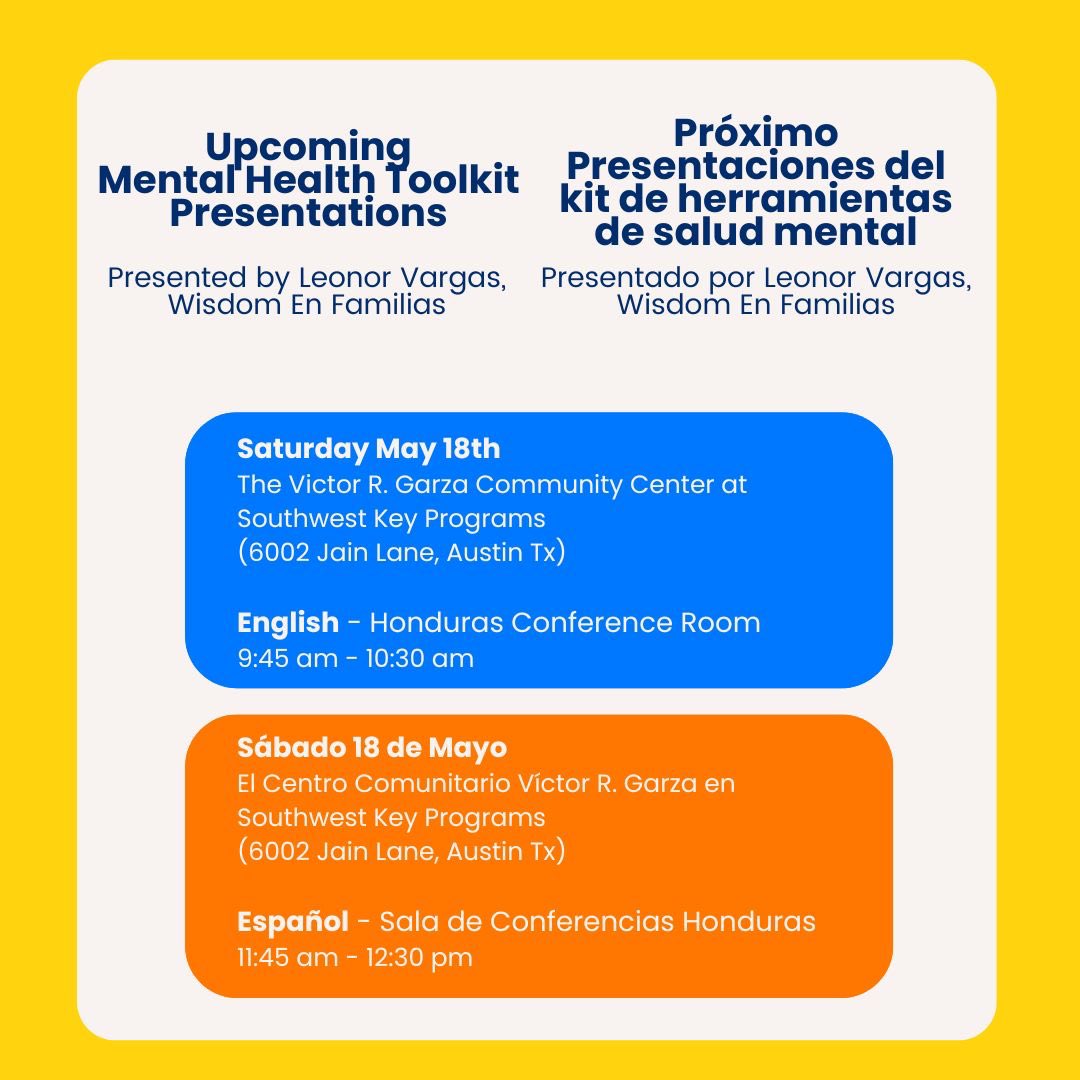 ¿Ha querido saber más sobre nuestro conjunto de herramientas de salud mental? ¡Ahora es tu oportunidad! Únase a nosotros el sábado 18 de mayo habrá una presentación en inglés de 9:45 am a 10:30 am y una presentación en español de 11:45 am a 12:30 pm en 6002 Jain Lane.