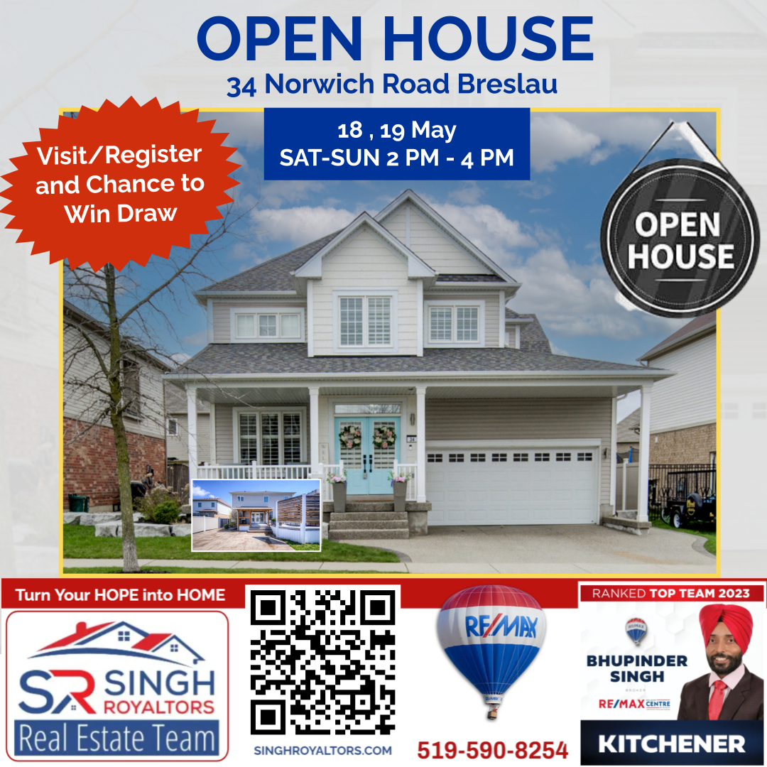 Join Us for the Open House at 34 Norwich Road, Breslau 📅 May 18-19
📷 2:00 PM - 4:00 PM 
📷 34 Norwich Road, Breslau 
#SinghRoyaltors #SinghRoyaltors #DreamHomeJourney #RealEstate #OpenHouse #Breslau
