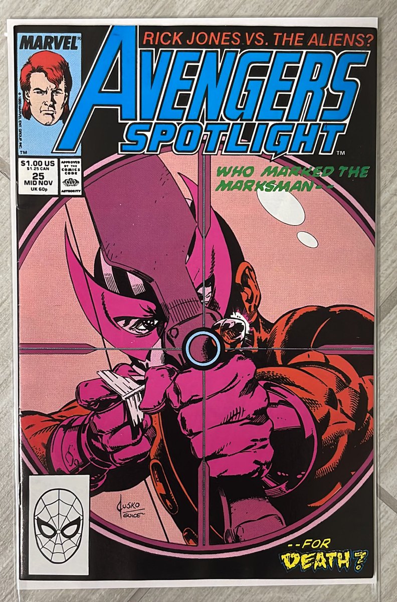 In today’s Avengers Spotlight #25, the Hawkeye vs every other marksman storyline continues from last issue and Rick Jones battles aliens! Love this Jusko, Guice cover… #Hawkeye #Avengers #MarvelComics #comics