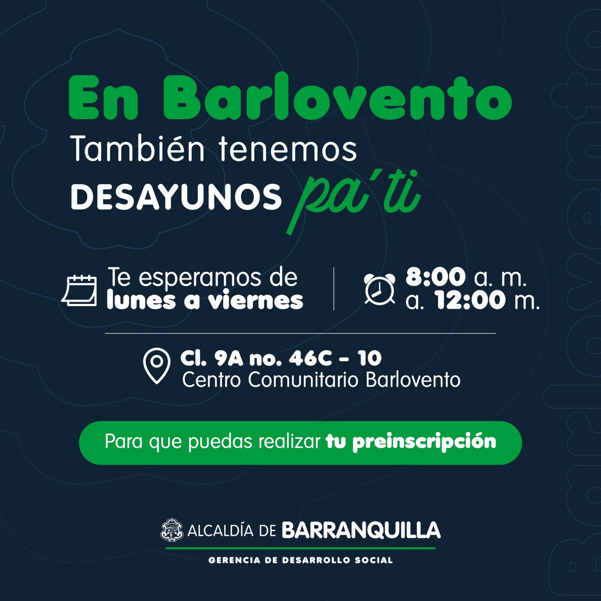 📍Continúan abiertas preinscripciones para hacer parte de ‘Desayunos Pa Ti’, un espacio donde podrás recibir desayunos totalmente gratuitos de lunes a viernes. 🍳Si vives en la localidad Norte Centro Histórico, acércate al Centro Comunitario de Barlovento y realiza el proceso.