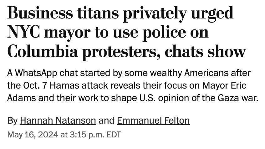 Umm, this is a big deal. 'Some attendees discussed making political donations to Adams, as well as how the chat group’s members could pressure Columbia’s president and trustees to permit the mayor to send police to the campus to handle protesters...'