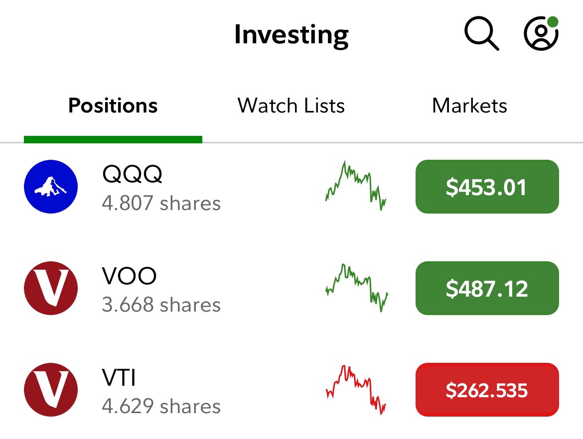 Cashed out a percentage of the profits I made this week to invest in these assets… $VOO $VTI $QQQ

Started last week (week 1).
Goal is to show folks how to build a 100k base from zero by DCA..

Can get more info in my pinned tweet #CFto100k