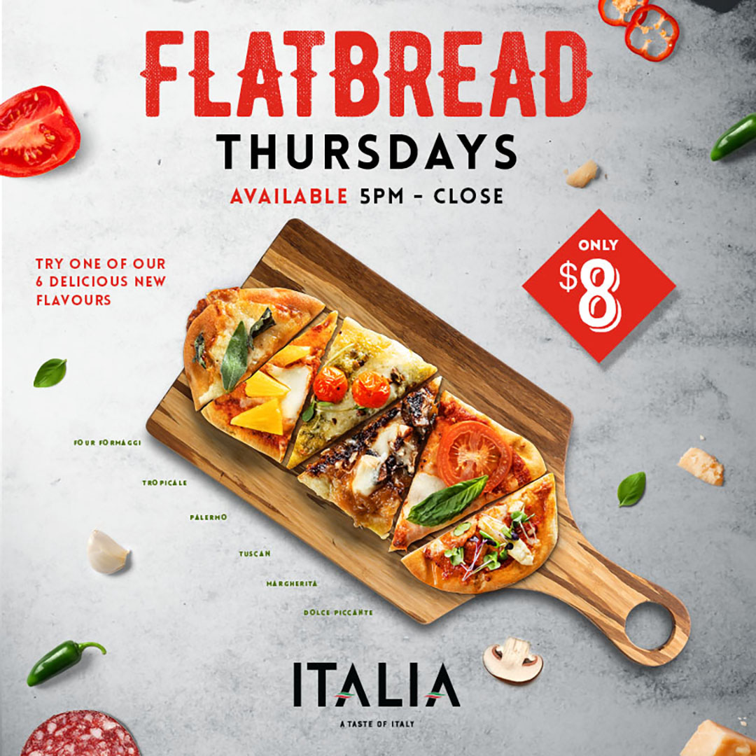 Indulge in the flavours of Italia at River Cree Resort and Casino's Flatbread Thursday! Join us for a savoury experience featuring delicious flatbreads crafted with the finest ingredients.