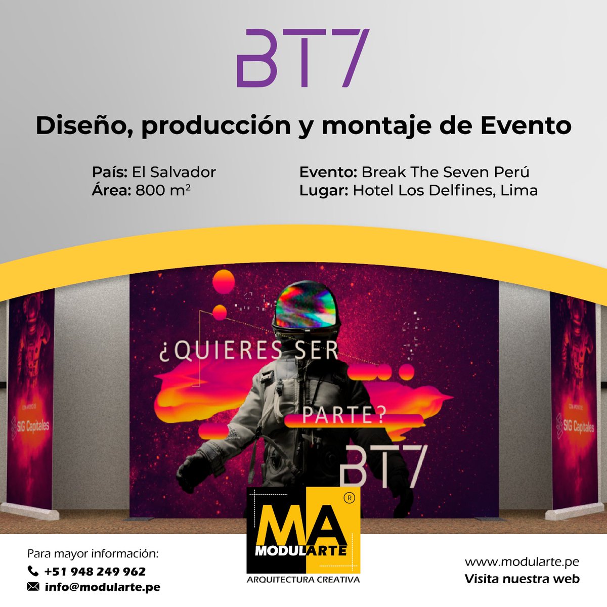 Modularteperu's tweet photo. ¡Revive la emoción del exitoso evento Break The Seven Perú, creado por MODULARTE para BT7! Con un área impresionante de 800 m2 y un aforo de 1,000 personas, este evento fue una experiencia inolvidable. 

🌐 https://t.co/z1t5G5jaZ6 https://t.co/8i5xx0gVrv