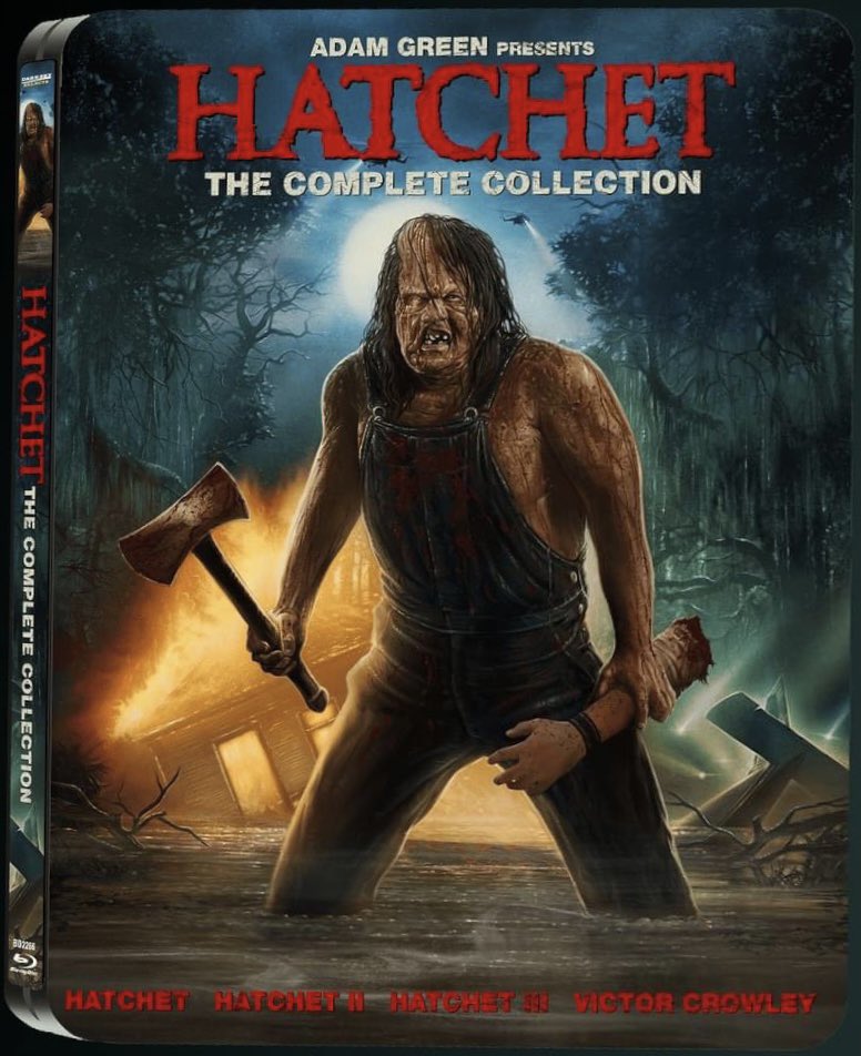 The first official release is HATCHET: THE COMPLETE COLLECTION, a 5-disc Blu-ray Limited Edition #Steelbook featuring all 4 films for the first time ever. 

Available June 25. Pre-Order now! @darkskyfilms