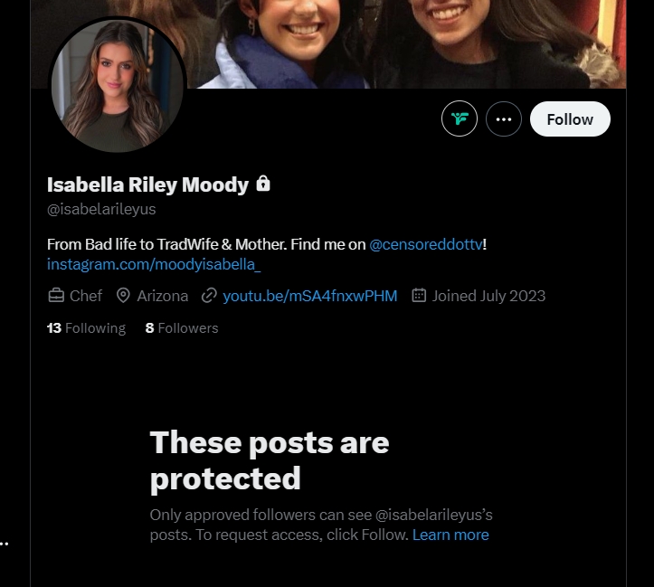 **UPDATE** Looks like I was right after all. Isabella Riley Moody is back on TwitterX but she is using an older, smaller account now. This has been confirmed to be her. See? I told y'all that attention whore can't stay off twitter. @isabelarileyus