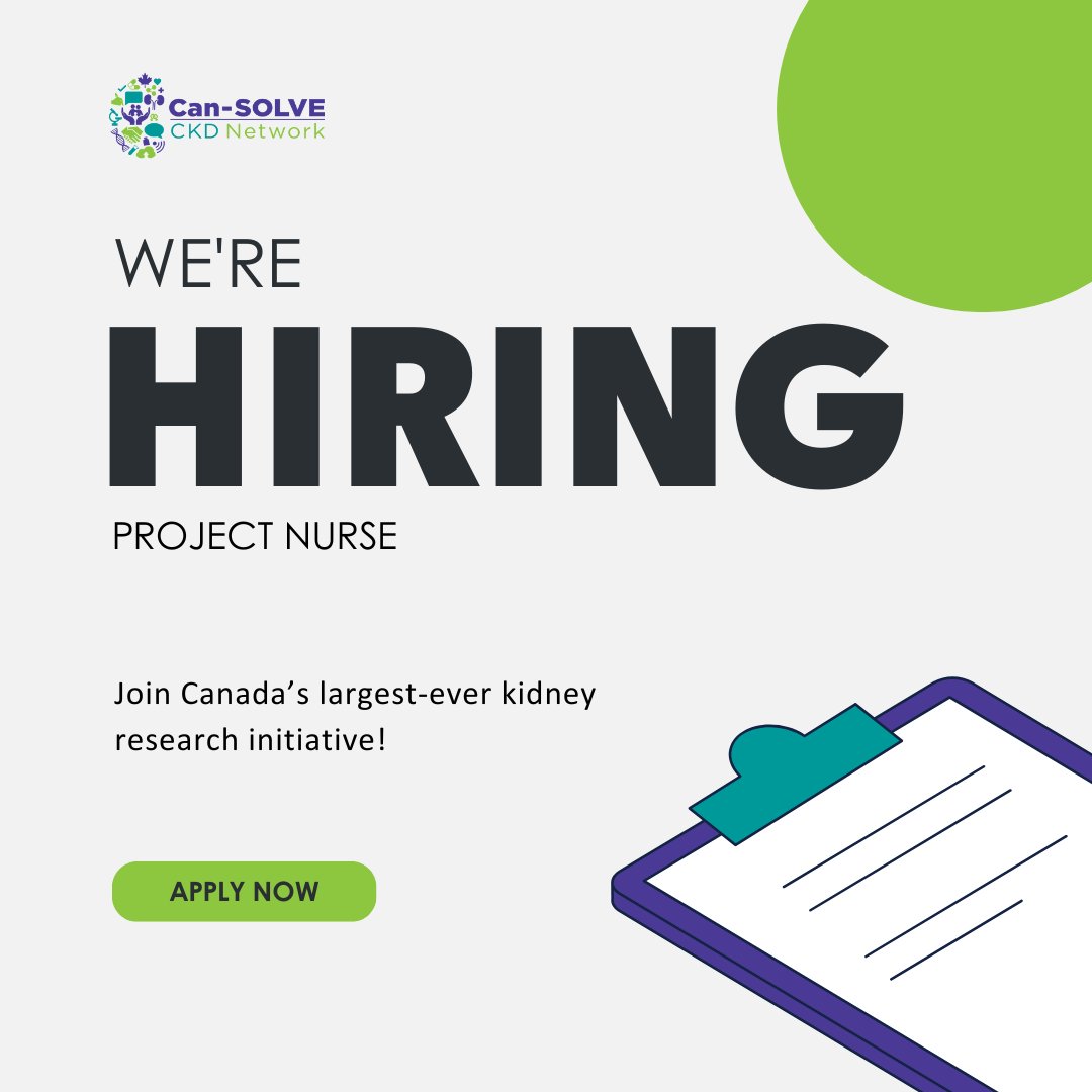 📣 The Can-SOLVE CKD Network is hiring a Project #Nurse! 📣 The Project Nurse will work in collaboration with the Kidney Check Project Coordinator to coordinate and implement the Kidney Check project in BC. #Apply now 👉 bit.ly/3ynJ0h2