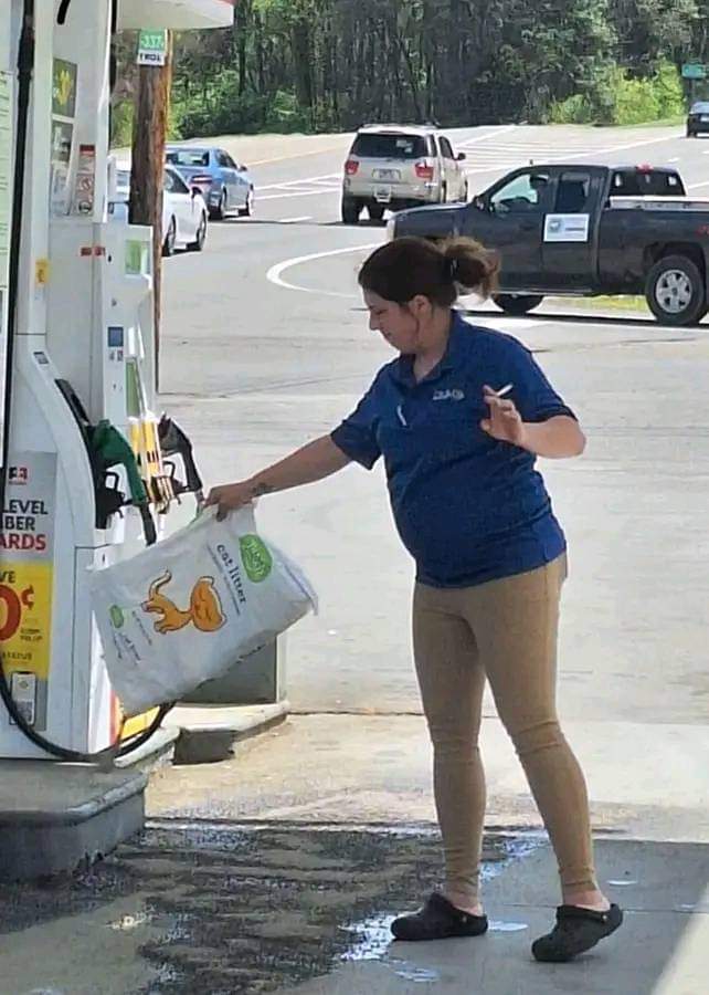 #humor 😂 Pump 5 is closed due to a fuel spill. No worries, Angela has it under control. 😂