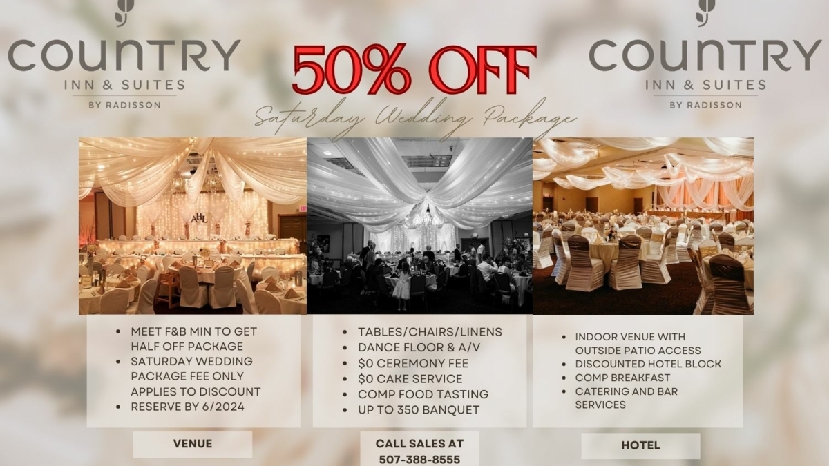 Gettin' hitched? Isn't life grand? We think so, and you will too when you reserve our Saturday Wedding Package through the end of June for a special 50% off! Count on Country Inn & Suites Mankato to make the magic happen! bit.ly/43QDgGz #wedding #weddingpackage #discount