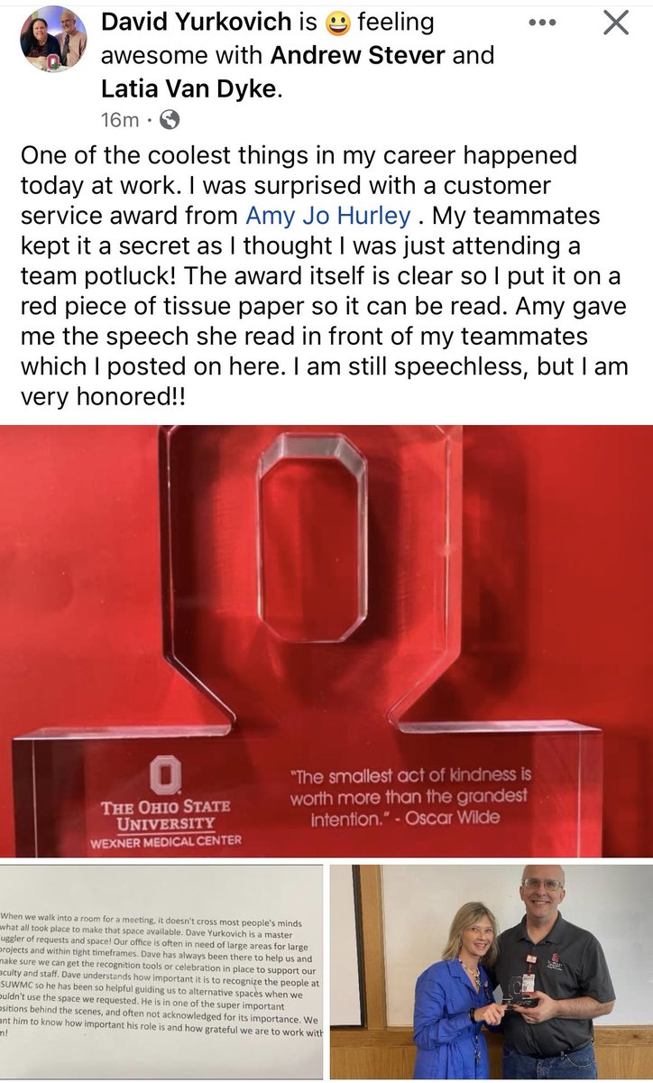 Well deserved recognition for Dave Yurkovich in the Events & Video Department in the College of Medicine. His tireless efforts behind the scenes aid in the success of our seminars, meetings, and classes. @OSUWexMed @OhioStateMed