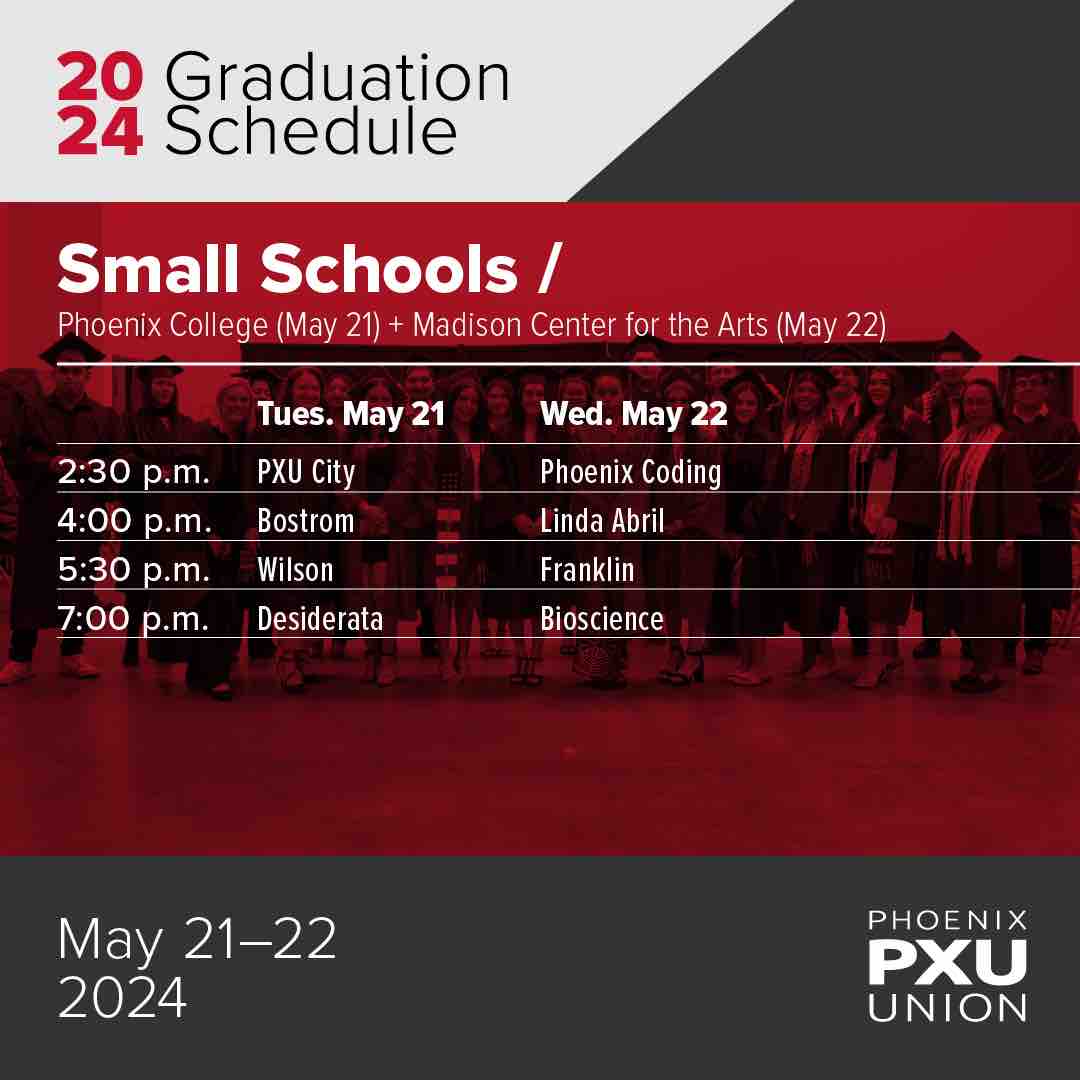 Get prepared for graduation 🎓! See the schedule below and visit PXU.org/Graduation for all details, including important safety information for the ceremonies. 🎉
