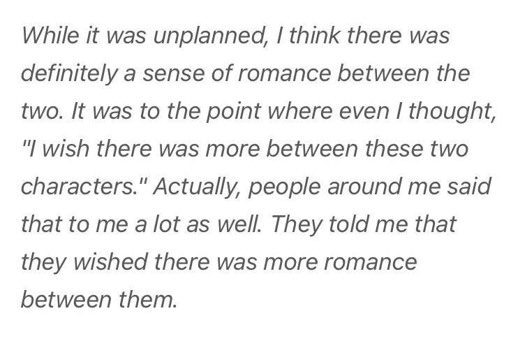 “because of the nuances that the character dynamics had, I think romance almost developed organically, in a way” “i wish there was more between these two characters” urgh please give them a romcom drama 😩