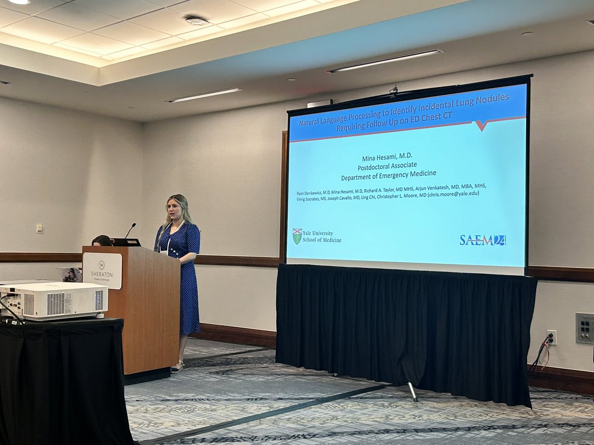 Yale EM Ultrasound (@yale_eus) on Twitter photo Our wonderful <a href="/Yale_EM/">Yale Emergency Medicine</a> ultrasound section postdoctoral associate <a href="/HesamiMina/">Mina Hesami, MD</a> presented a study at #SAEM24 on using natural language processing to identify incidental lung nodules that require follow up. <a href="/cmoore433/">Chris Moore</a> Our wonderful <a href="/Yale_EM/">Yale Emergency Medicine</a> ultrasound section postdoctoral associate <a href="/HesamiMina/">Mina Hesami, MD</a> presented a study at #SAEM24 on using natural language processing to identify incidental lung nodules that require follow up. <a href="/cmoore433/">Chris Moore</a>