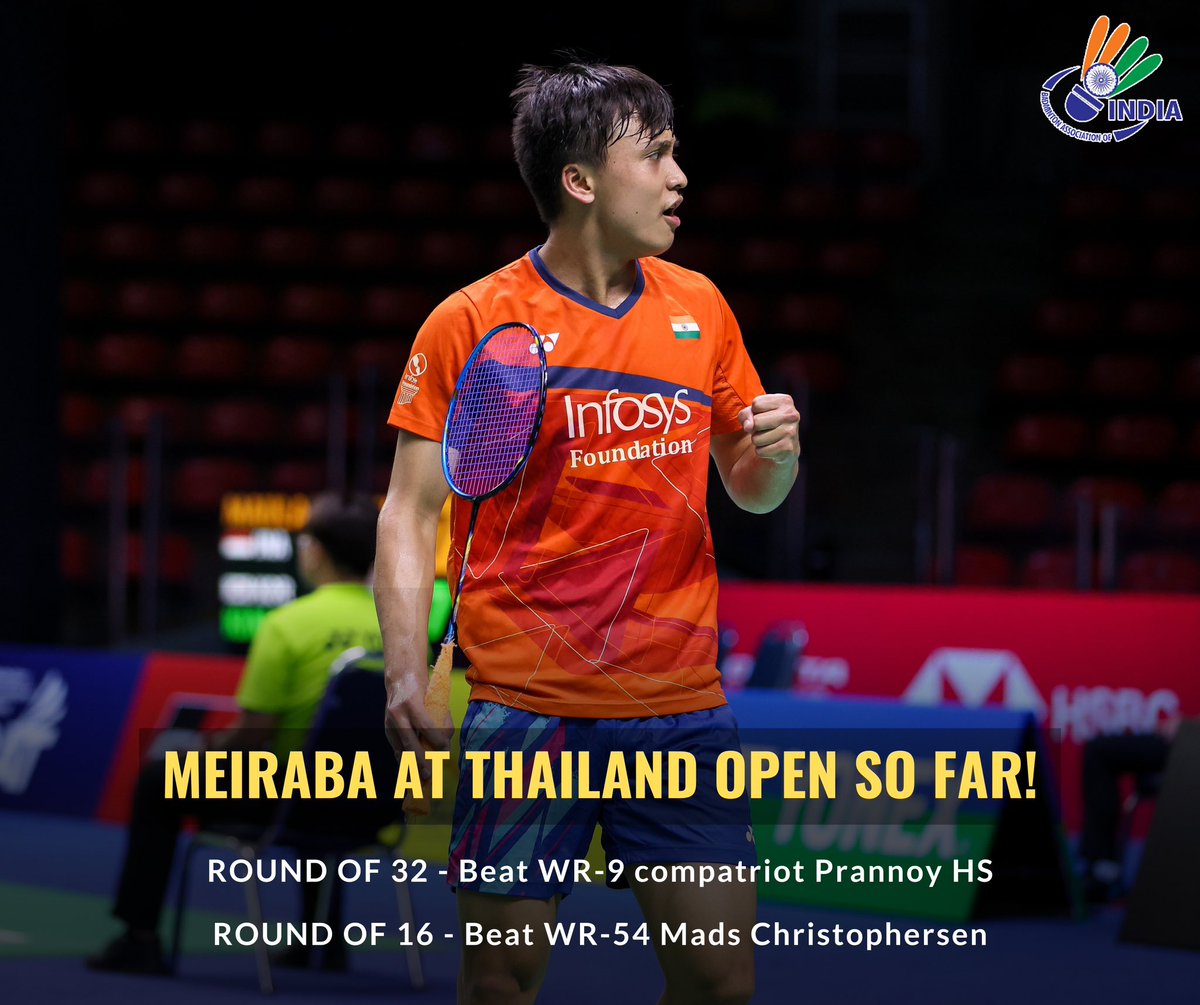 Meiraba Luwang Maisnam continues his impressive run at the Thailand Open Super 500, advancing to the men's singles quarter-finals after defeating Mads Christophersen. He will now face Kunlavut Vitidsarn in the the quarter-finals. 

Wishing Meiraba the best for his next match!…