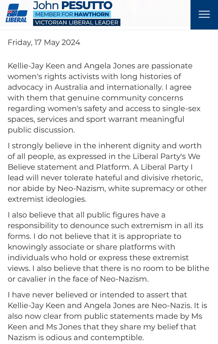 “I agree with them that genuine community concerns regarding women's safety and access to single-sex spaces, services and sport warrant meaningful public discussion” - @JohnPesutto apologizing to @ThePosieParker & @angijones. Better late than never 🤷‍♀️ Women’s rights matter 🙋‍♀️