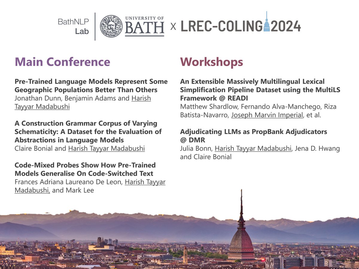 Ready for LREC-COLING? Take a look at what we'll present 👀

Our papers cover studies on construction grammar, meaning representation, code-switching, and simplification. Make sure to look out for our lab head @harish at the conference! 👨‍🏫

#LREC #COLING2024 #NLProc @LrecColing