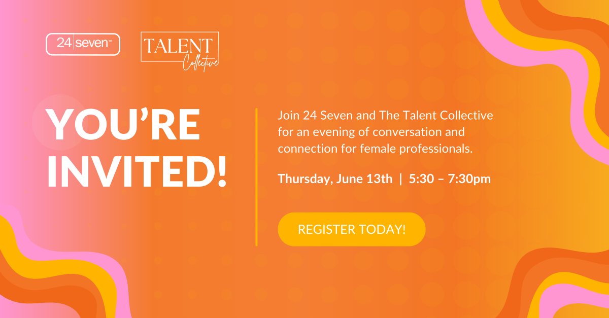 Calling all Seattle female professionals! 24 Seven and Talent Collective are coming together for a night of networking on 6/13 at 5:30 pm. Dive into topics pertaining to today’s job market, interview insights, and more! Register today. hubs.ly/Q02xp7Tv0