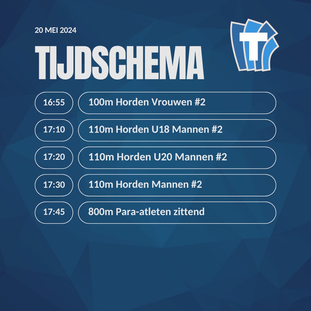 Tijdschema voor de T-Meeting 2024 - deel 2💙

Maandag is het zo ver! Maak je klaar voor een mooie dag vol top prestaties en grote atleten!

Hou voor de meest actuele tijdschema altijd atletiek.nu in de gaten!