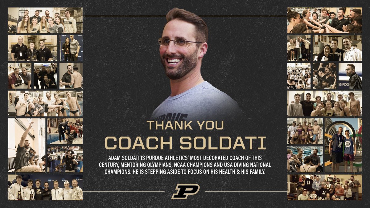 🖤💛 Thank you, Coach Soldati! We owe you everything. To focus on his health and family, diving head coach Adam Soldati will pass the torch of leading Purdue to protégé & Olympic champion David Boudia due to Soldati’s recent diagnosis with amyotrophic lateral sclerosis (ALS).