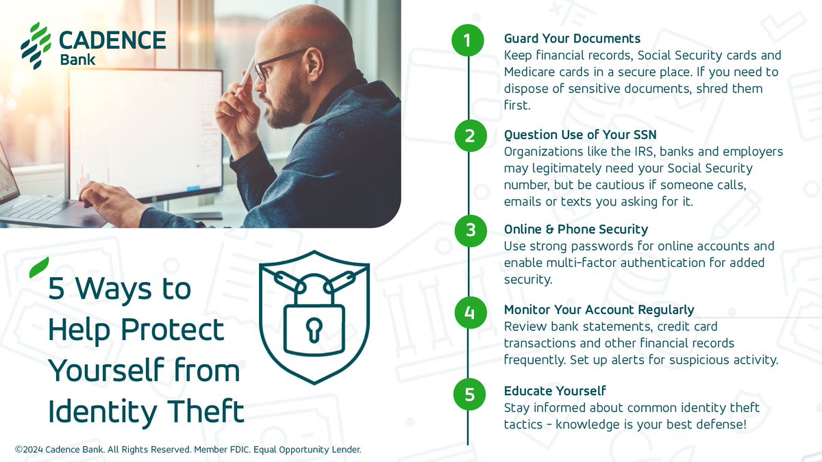 Identity theft is a growing problem, with more than 1 million reports submitted to the @FTC in 2023. However, you can take proactive steps to safeguard your personal information and help protect yourself against identity theft with these five tips: bit.ly/4bk04T9