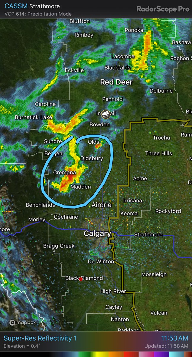 Thunderstorms at Cremona CASSM - Super-Res Reflectivity 1 11:53 AM #ABStorm