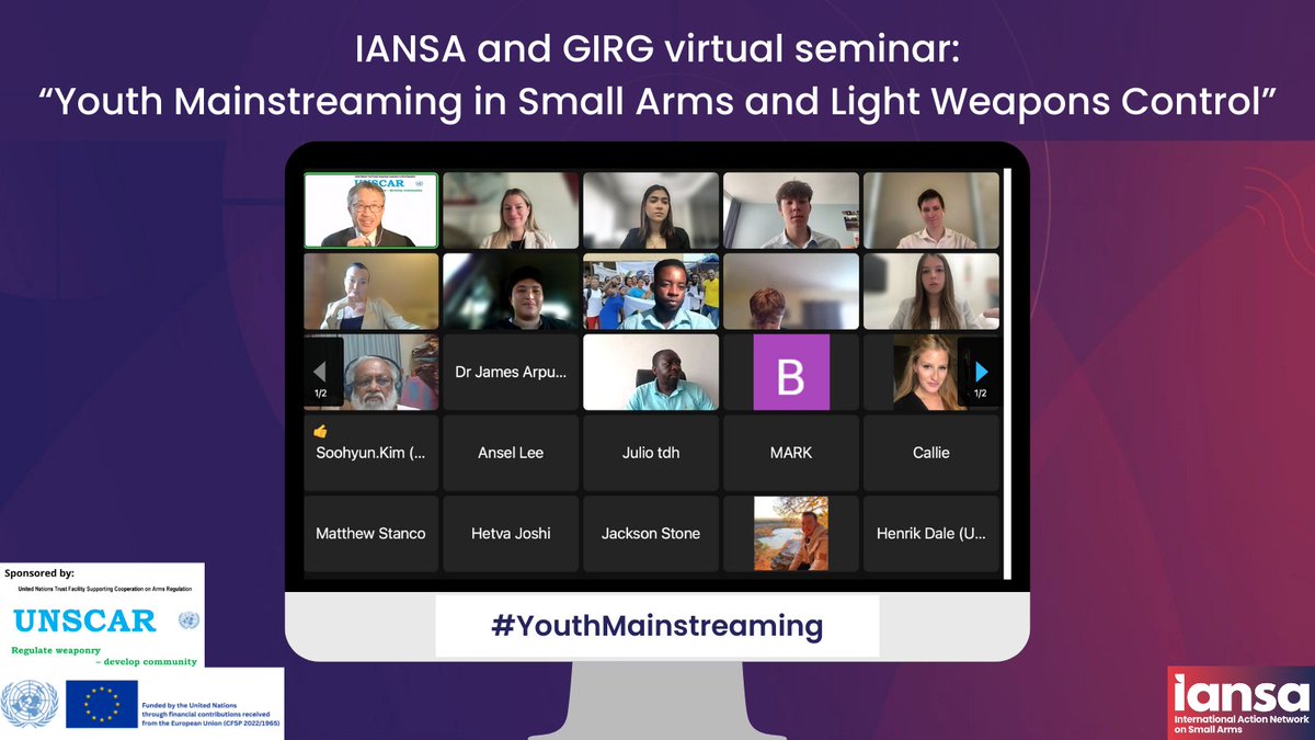 Thank you to all of our webinar speakers and participants for a fruitful discussion today on #YouthMainstreaming in #SALW control. We must continue to work together to amplify youth voices and include young people in decision making processes! Publication➡️iansa.org/iansa-fact-she…